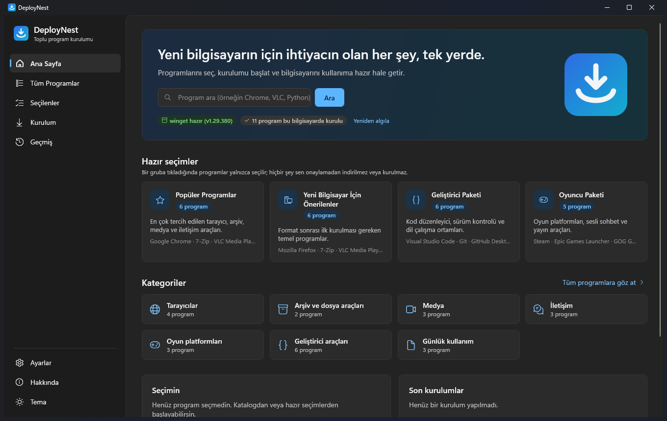 Ana sayfa: arama, hazır seçimler ve kategoriler