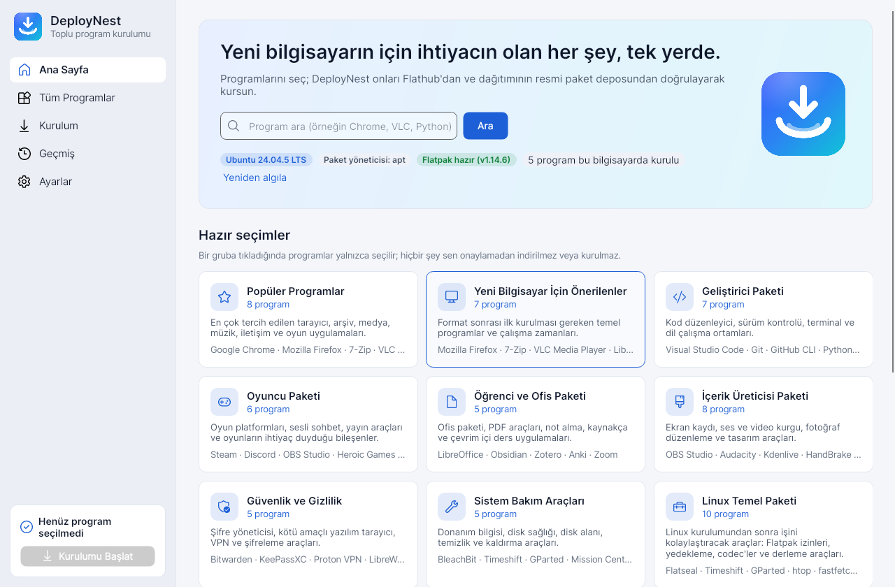 Linux sürümü ana sayfası ve hazır seçimler