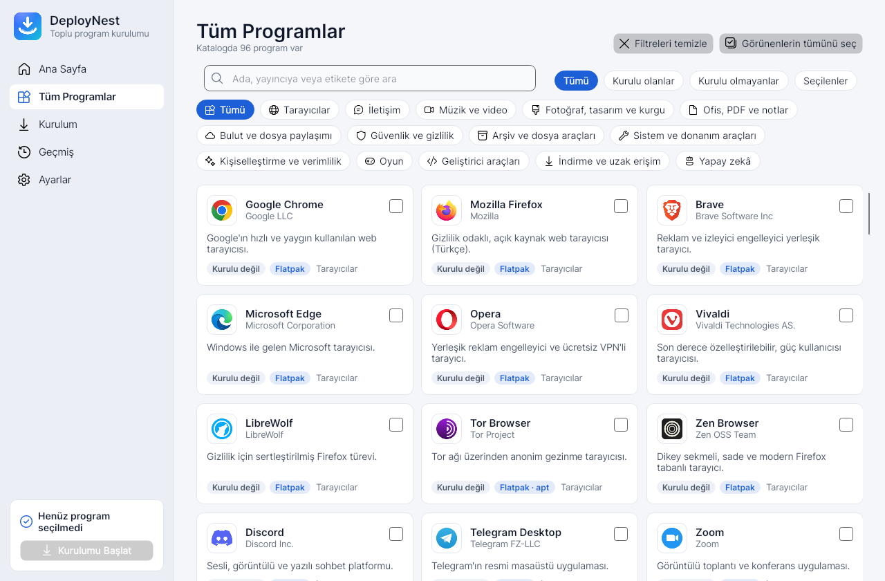 Linux sürümünde program kartları, Flatpak ve apt kaynak etiketleri
