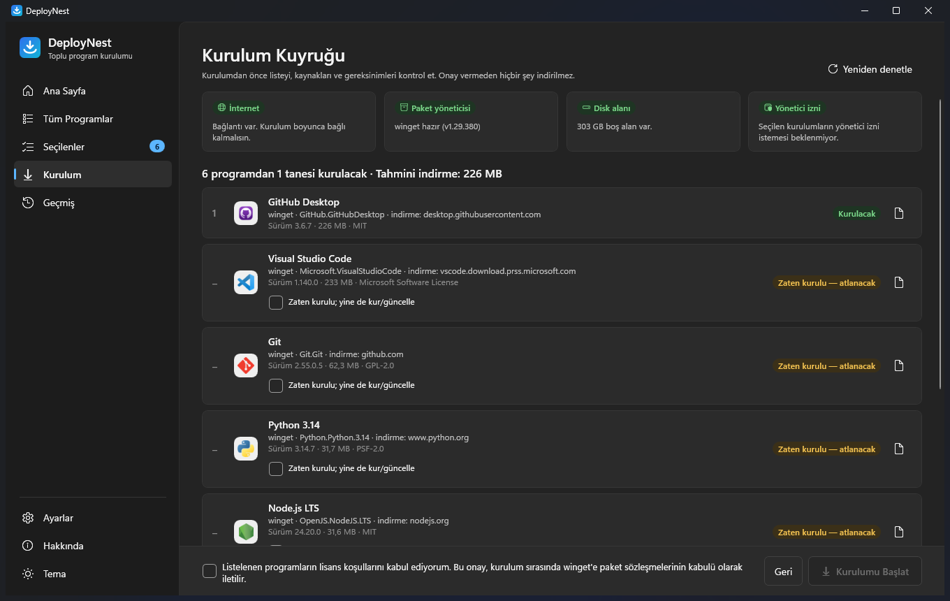 Kurulum kuyruğu: doğrulanmış paketler, gereksinimler ve zaten kurulu olanlar